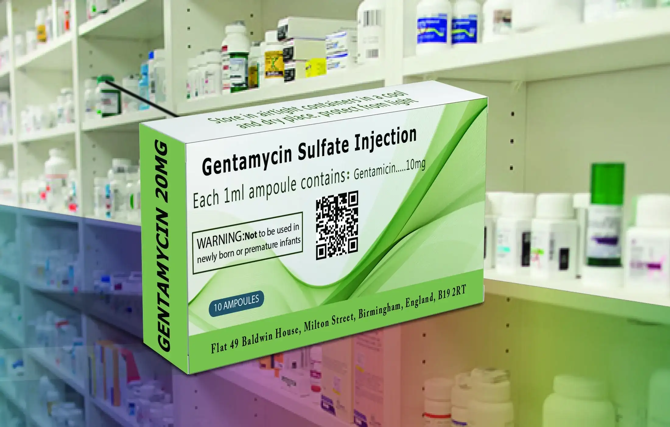 Gentamycin Injection offered for sale in Libya, with a focus on the packaging and dosage details for consumers.