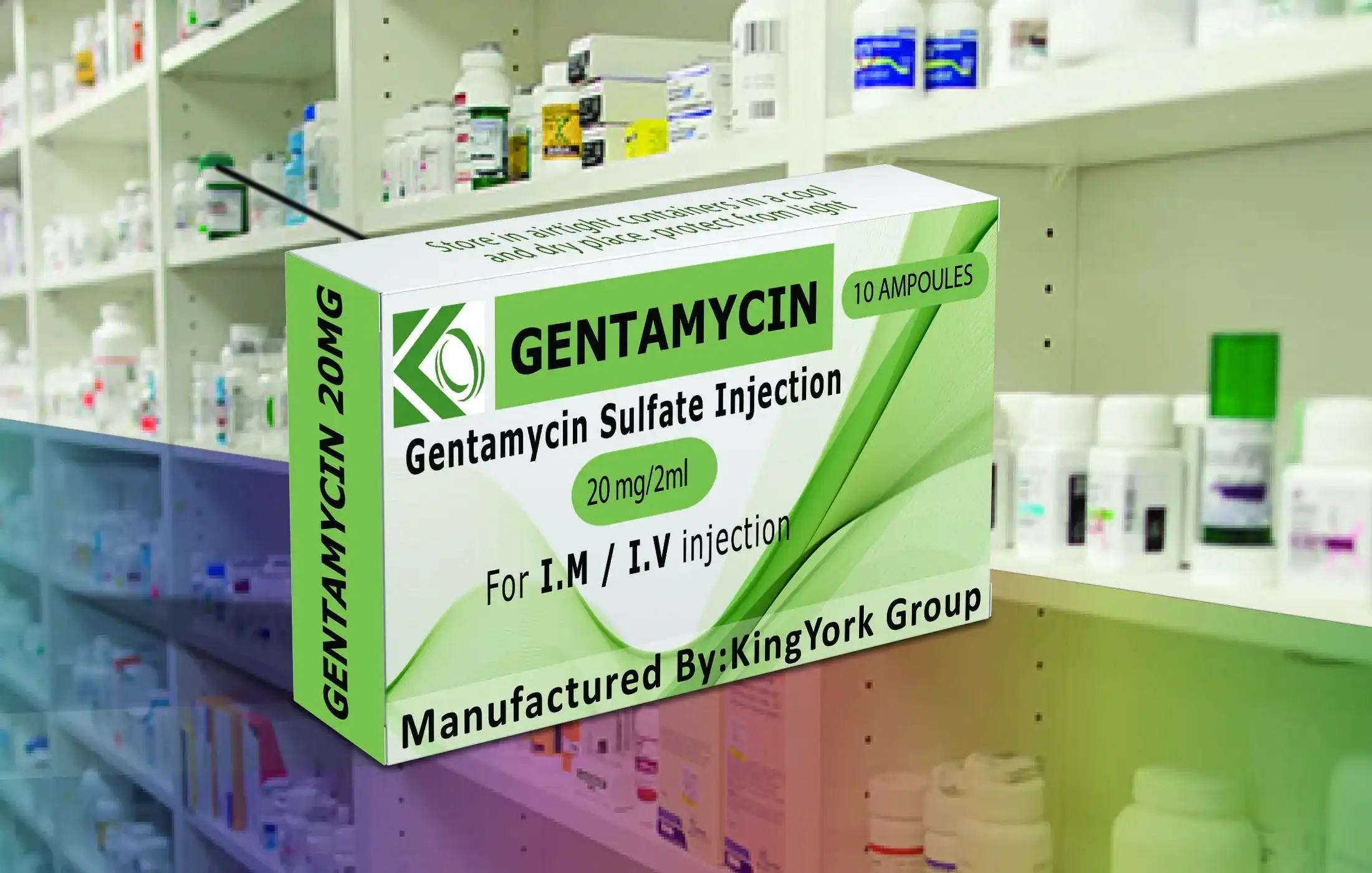 Gentamycin Injection offered for sale in Libya, with a focus on the packaging and dosage details for consumers.