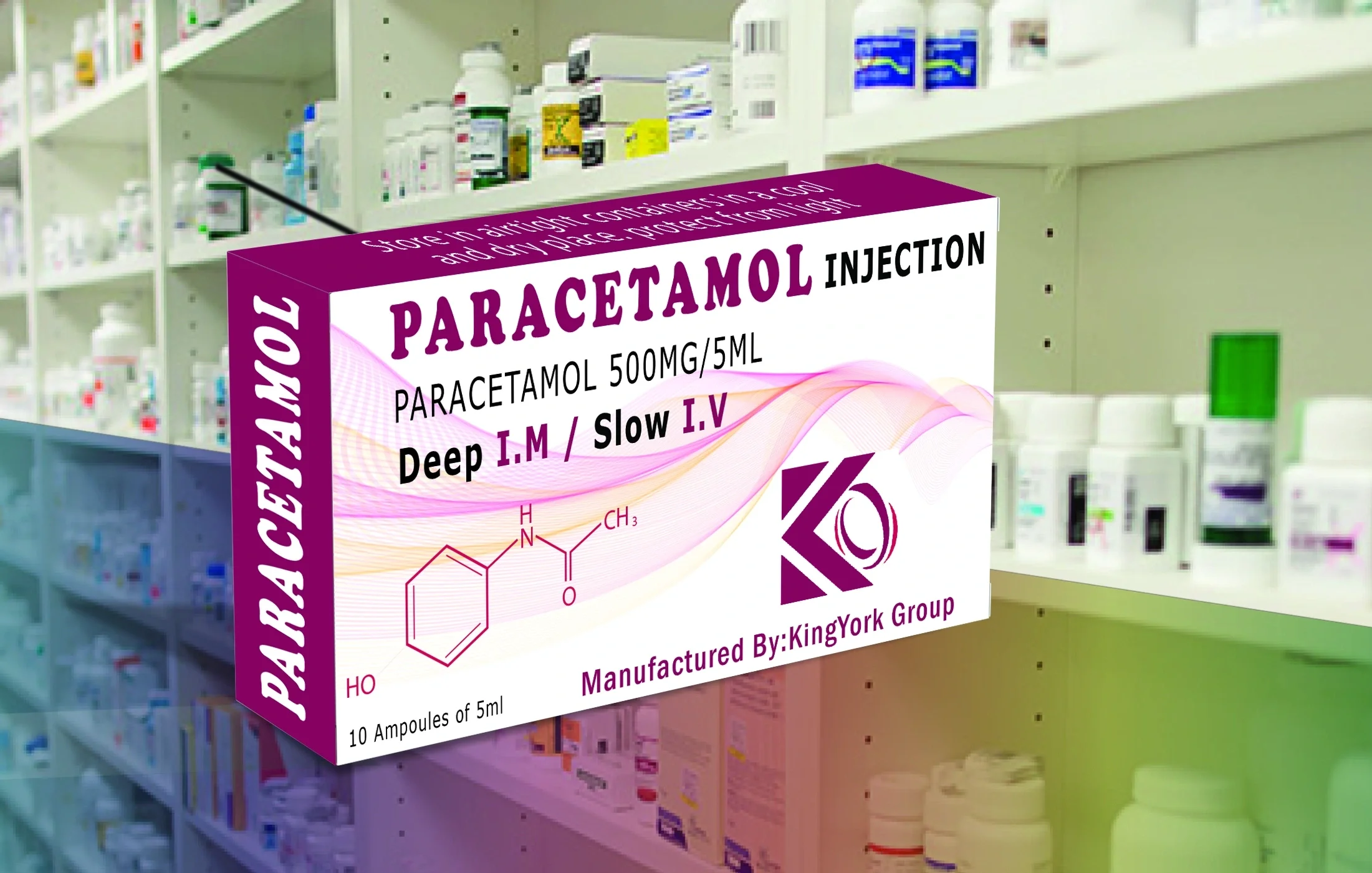 Paracetamol injection 500 offered for sale in Libya, with a focus on the packaging and dosage details for consumers.
